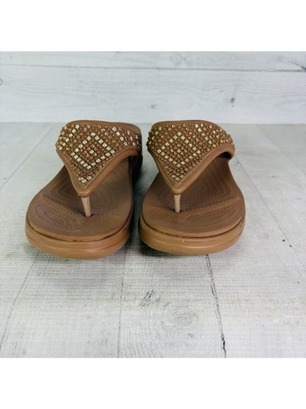 Crocs MONTEREY SHIMMER Bronze Bling Wedge Platform Thong Flip Flop Shoe Size 8 - Picture 7 of 16
